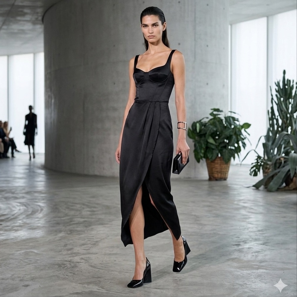 Chic Black Satin Heritage Goth Pleated Long Asymmetrical Slit Wrap Skirt S